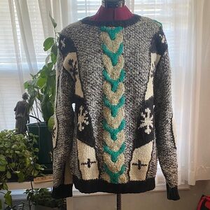 NOVO 80’s Cozy Black and White Knit Sweater with Teal Accents 10%mohair
